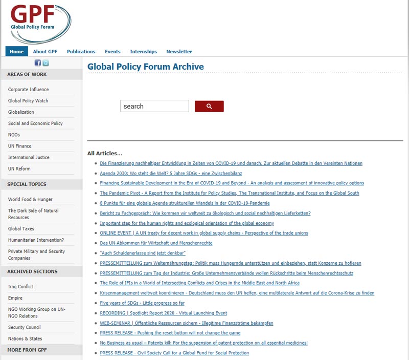 Screenshot der Archivseite