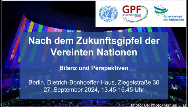 Cover zum Fachgespräch SOTF 09/2024 Berlin. Im Hintergrund der Plenarsaal der UN im Vordergrund Logos der veranstaltenden Organisationen und Titel des Fachgesprächs