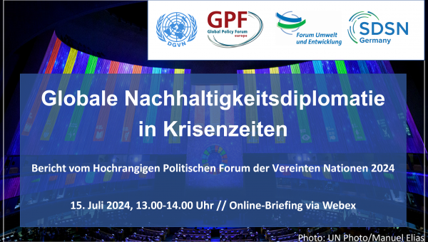 Coverbild zur Onlineveranstaltung mit Logos und Titel: Globale Nachhaltigkeitsdiplomatie in Krisenzeiten