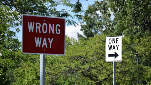 The photograph shows two street signs. The first streetsign is in the image's centre and says 'wrong way'. In the background one can spot another sign saying 'one way'